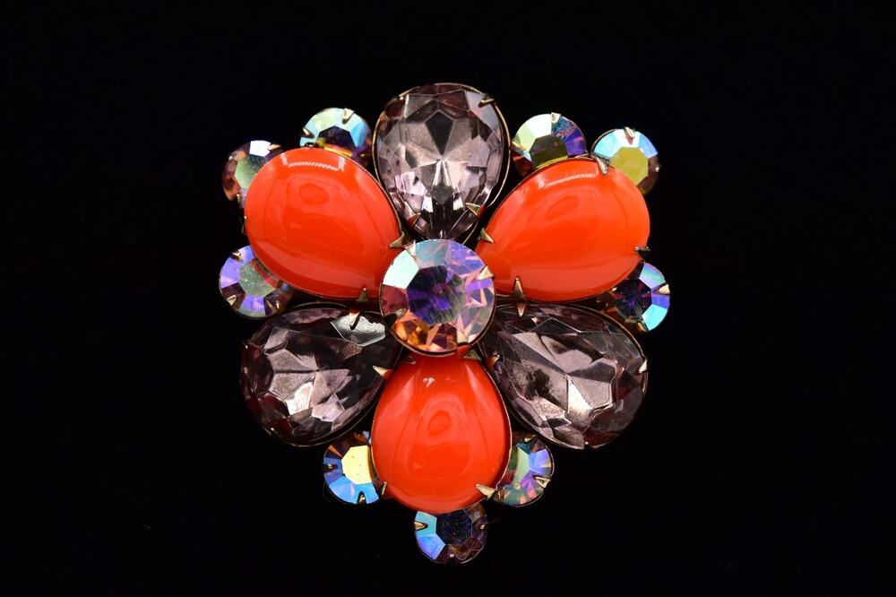 Vintage Purple AB Rhinestone Crystal Flower Brooch Orange Cabochon 1960s BinAT